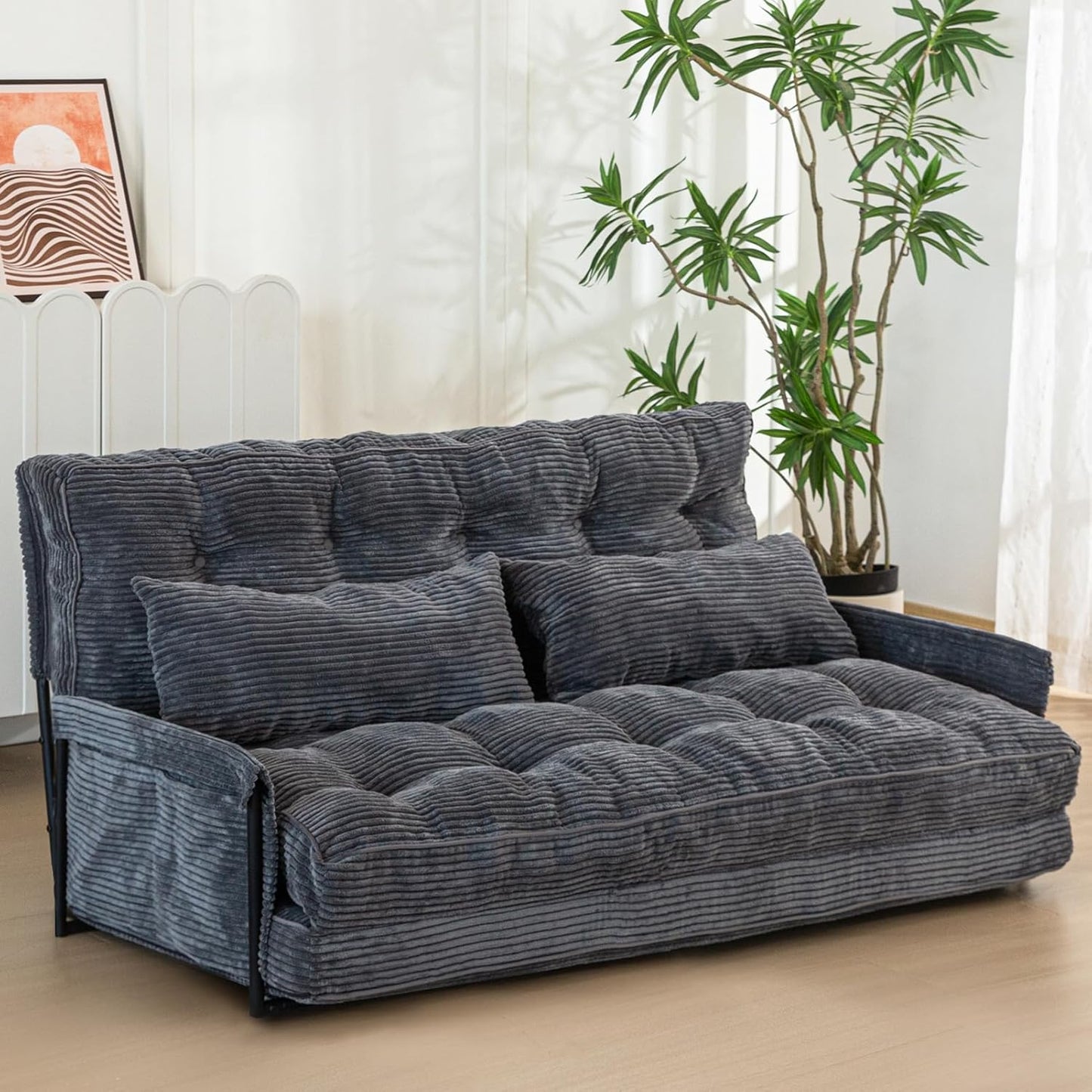 MAXYOYO Adjustable Floor Sofa Couch with 2 Pillows, Multi-Functional Bean Bag Bed, 5-Position Foldable Lazy Sofa Sleeper Bed with Armrest, Versatile Floor Seating for Reading, Black, Double