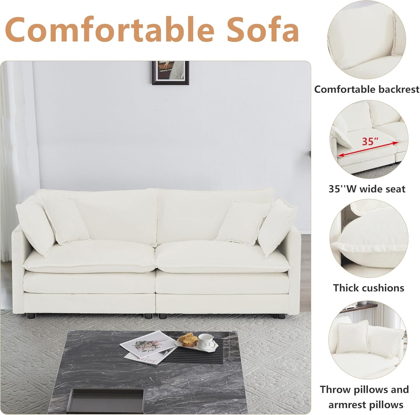 mikibama Luxury Loveseat Sofa Couch, 76" Modern Chenille Deep 2-Seater Cloud Couch with 2 Armrest Pillows and 2 Toss Pillows, Love Seat for Living Room Bedroom Office Apartment, Beige