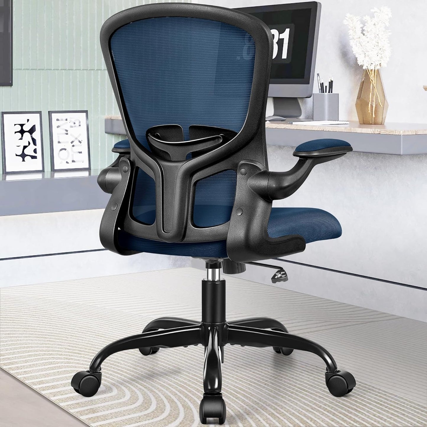 FelixKing Office Desk Chairs, Ergonomic PC Desk Chair with Wheels, Adjustable Lumbar Support and Height, Swivel Computer Chair with Flip-up Armrests, Ergo Mesh Backrest for Working (Black)