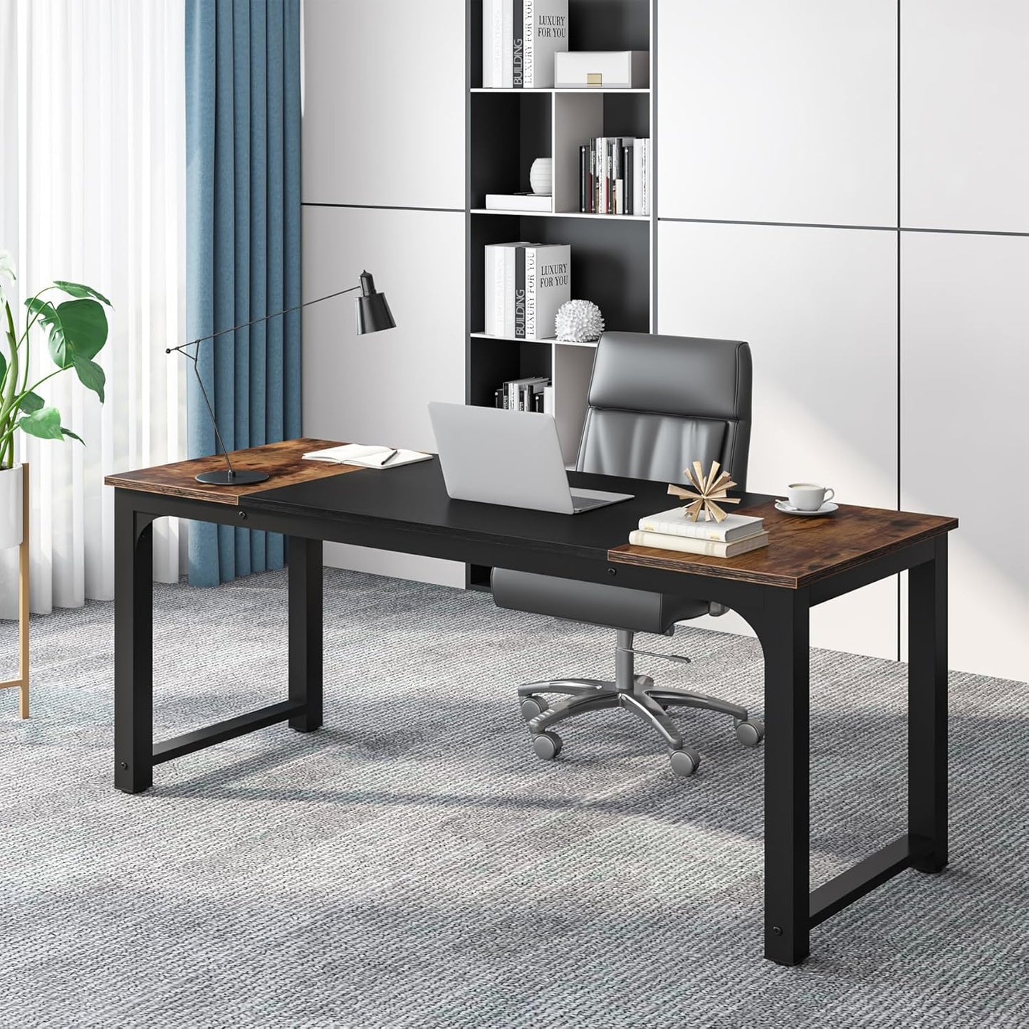Tribesigns 63” Executive Desk, Large Office Computer Desk with Thicken Frame, Modern Simple Workstation Business Furniture for Home Office, Rustic Brown/Black, 63'' W x 23.6'' D