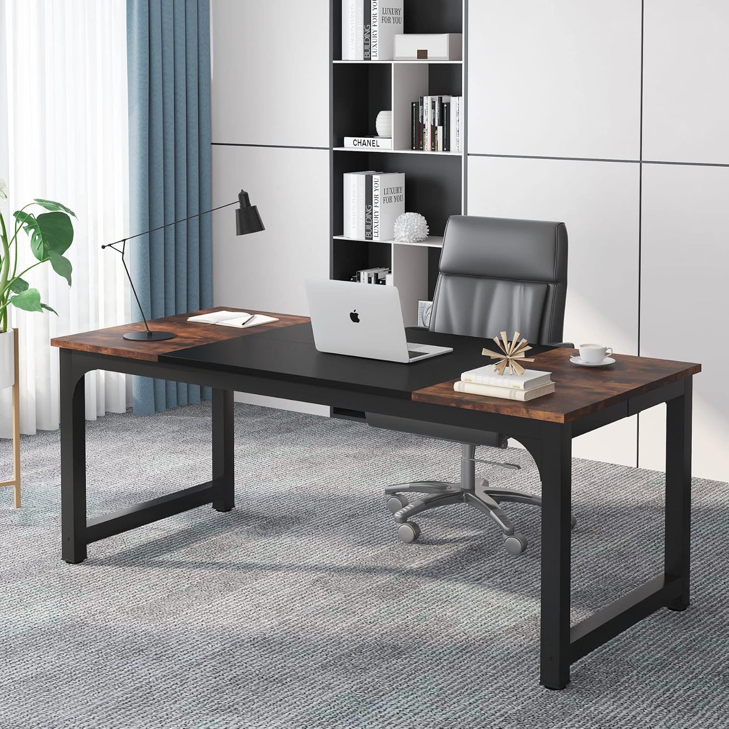 Tribesigns 63” Executive Desk, Large Office Computer Desk with Thicken Frame, Modern Simple Workstation Business Furniture for Home Office, Rustic Brown/Black, 63'' W x 23.6'' D