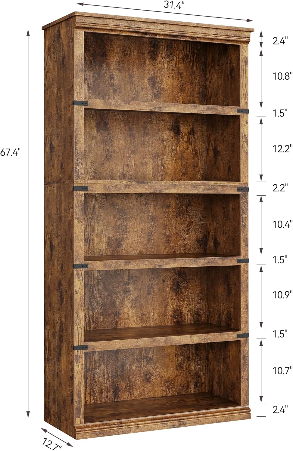 IDEALHOUSE 5 Tier Bookcase, Farmhouse Book Shelf with Storage, 71" Tall Book Case Wooden 5 Shelf Bookcase for Home Office, Living Room, Bed Room (Vintage, 67.4" H x 31.5" W x 12.8" D)
