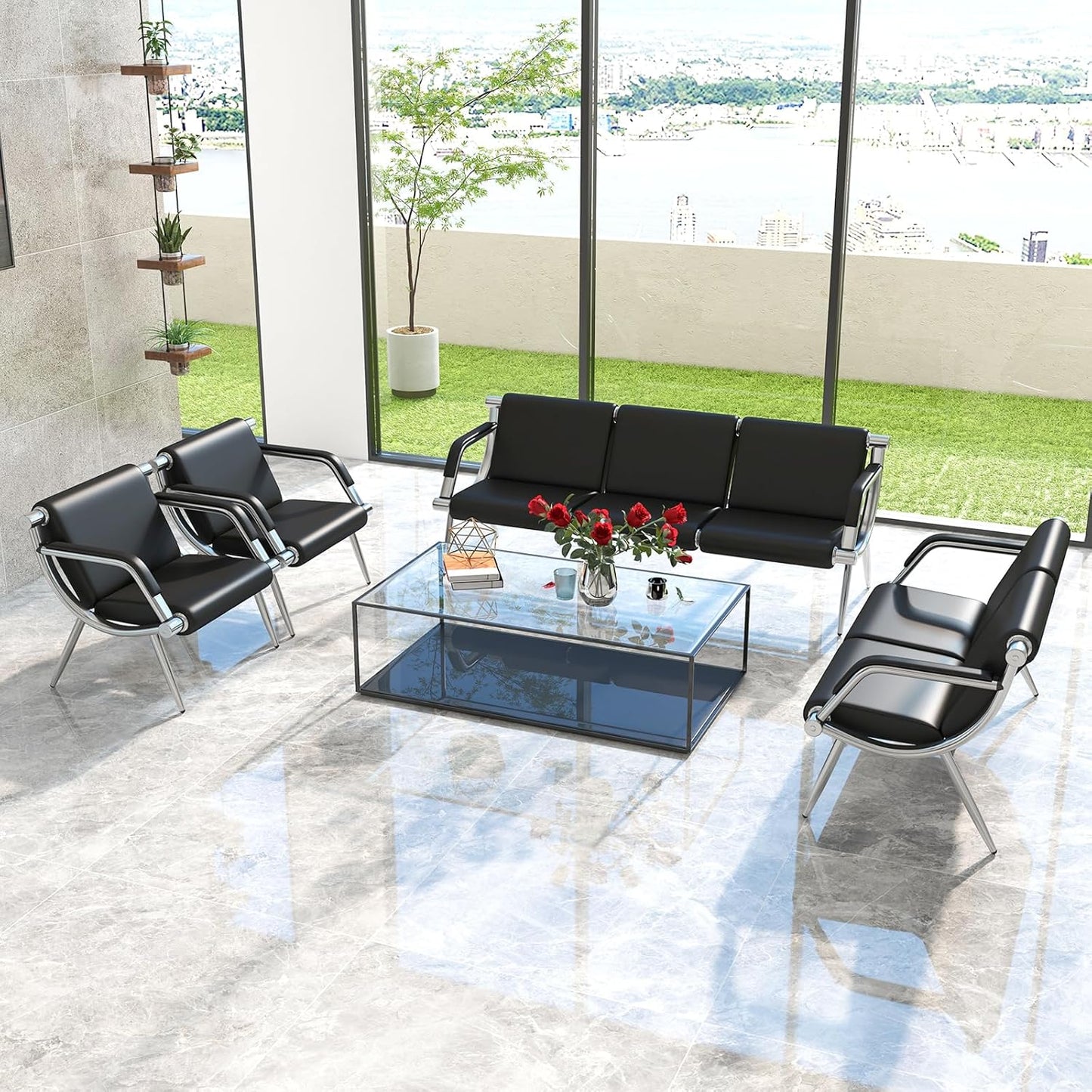 Kinpaw Waiting Room Chairs Reception Bench - Leather Office Chair with Padded Arms & Backrest, Heavy Duty, Black Comfy Conference Room Chairs for Meeting Conference, Office