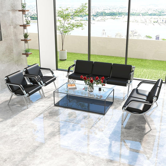 Kinpaw Waiting Room Chairs Reception Bench - Leather Office Chair with Padded Arms & Backrest, Heavy Duty, Black Comfy Conference Room Chairs for Meeting Conference, Office