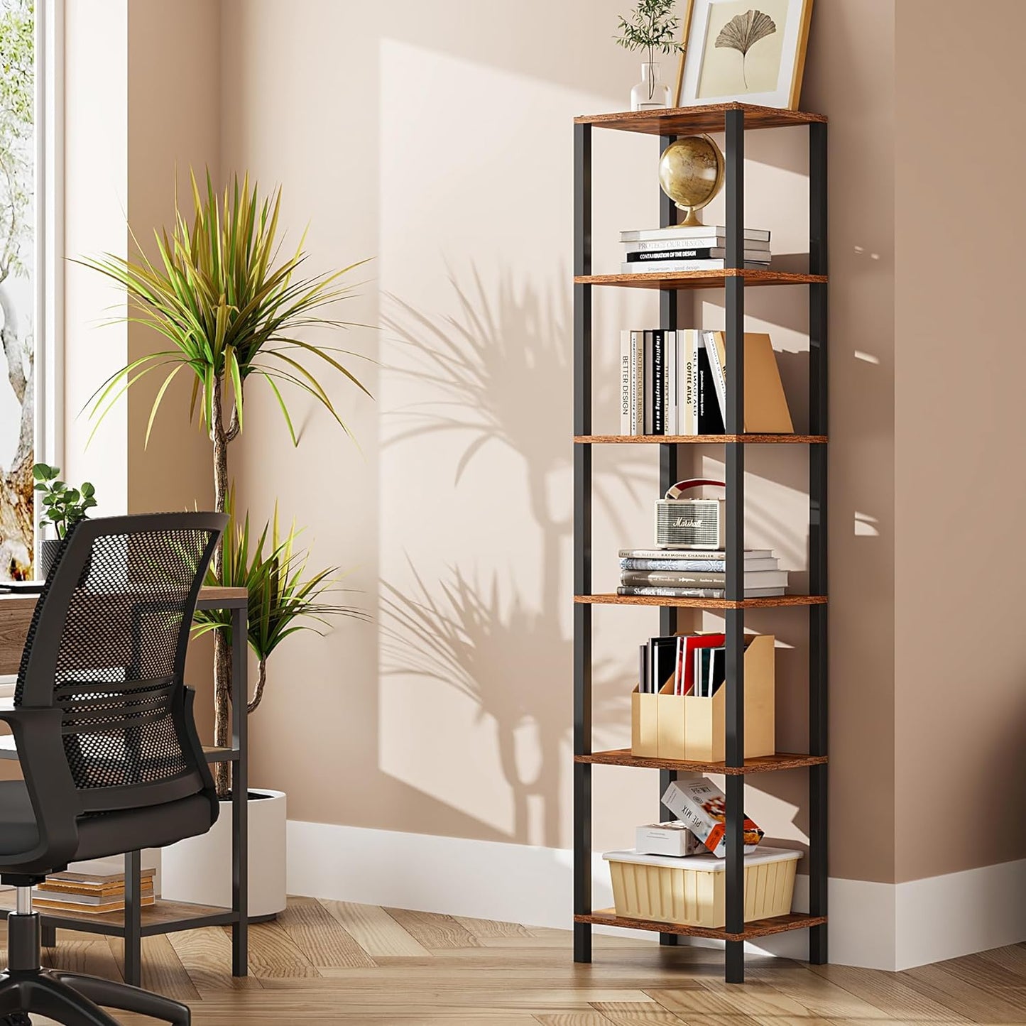 TUTOTAK Bookshelf, 6-Tier Tall Book Shelf, Narrow Bookcase for Small Space, DIY Stackable Bookshelf, for Living Room, Office, Study, Entryway, Industrial, White BS01BW006