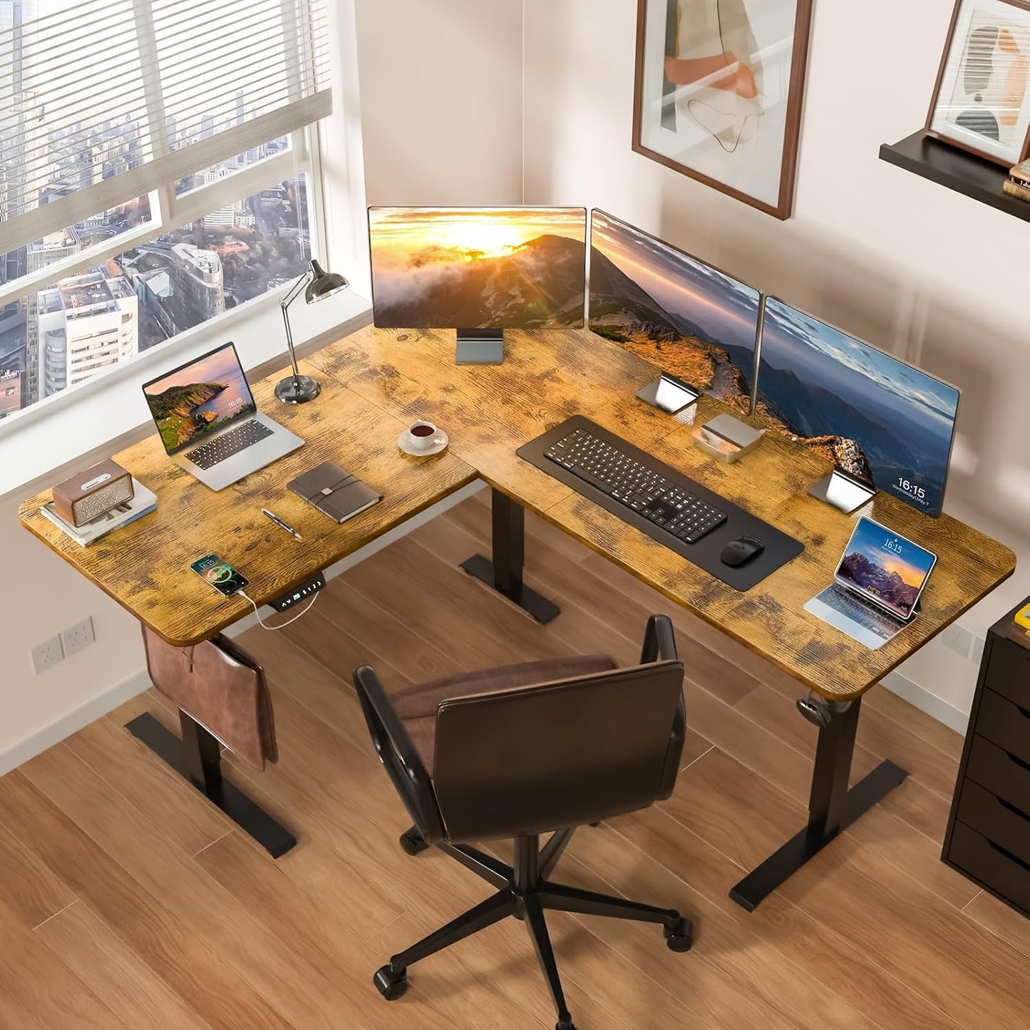 Upgrade Version 63 * 55 inch L Shaped Electric Adjustable Height Standing Desk, Corner Stand Up Desk, Sit Stand Computer L Table for Gaming Office