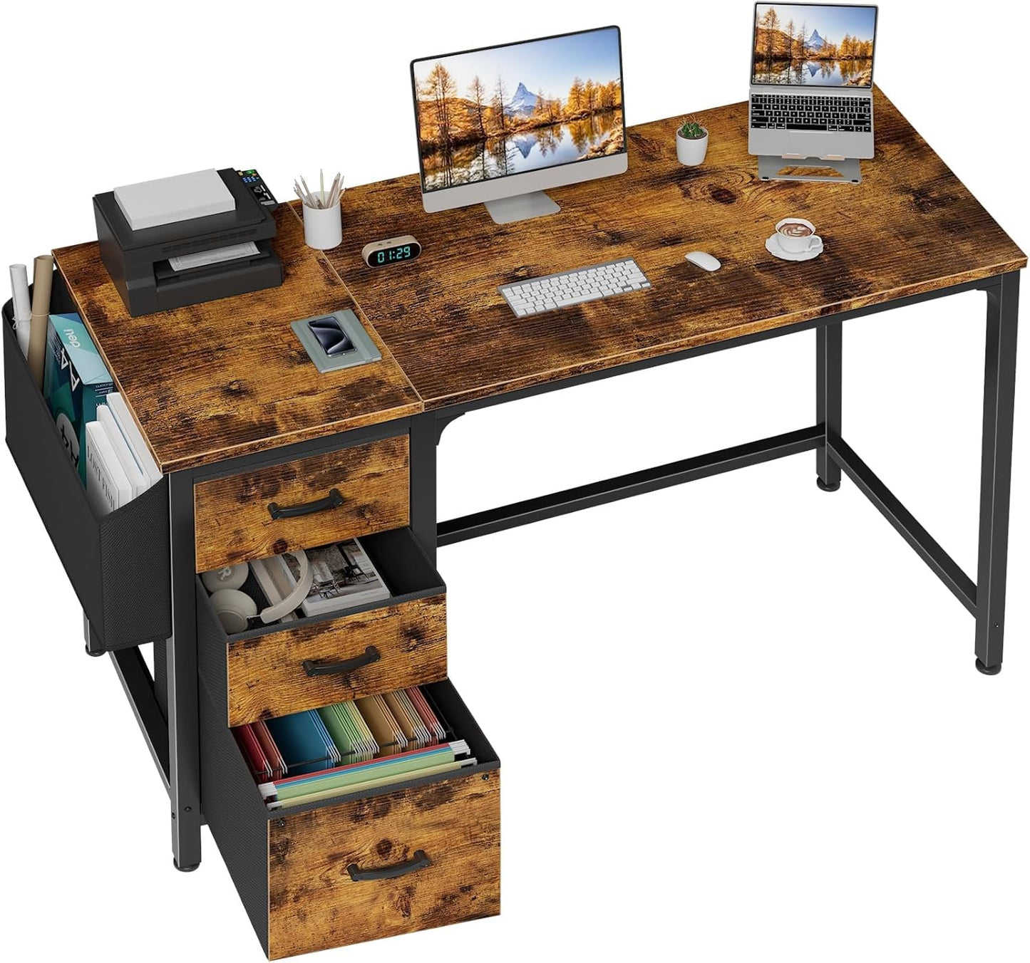 Lufeiya Computer Desk with Fabric File Drawers Cabinet, 47 Inch Reversible Home Office Desks with Filing Cabinet for Small Space, Study Writing Table PC Desks, Rustic Brown