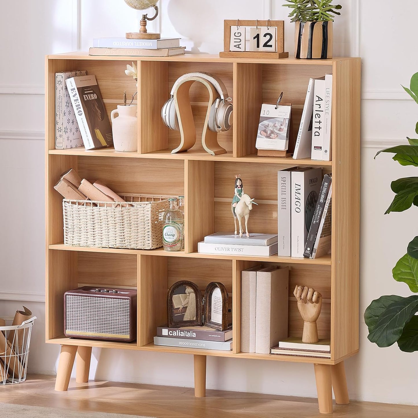 LEYAOYAO Cube Bookshelf 3 Tier Mid-Century Rustic Brown Modern Bookcase with Legs,Retro Wood Bookshelves Storage Organizer Shelf,Freestanding Open Book Shelves for Bedroom,Living Room,Office