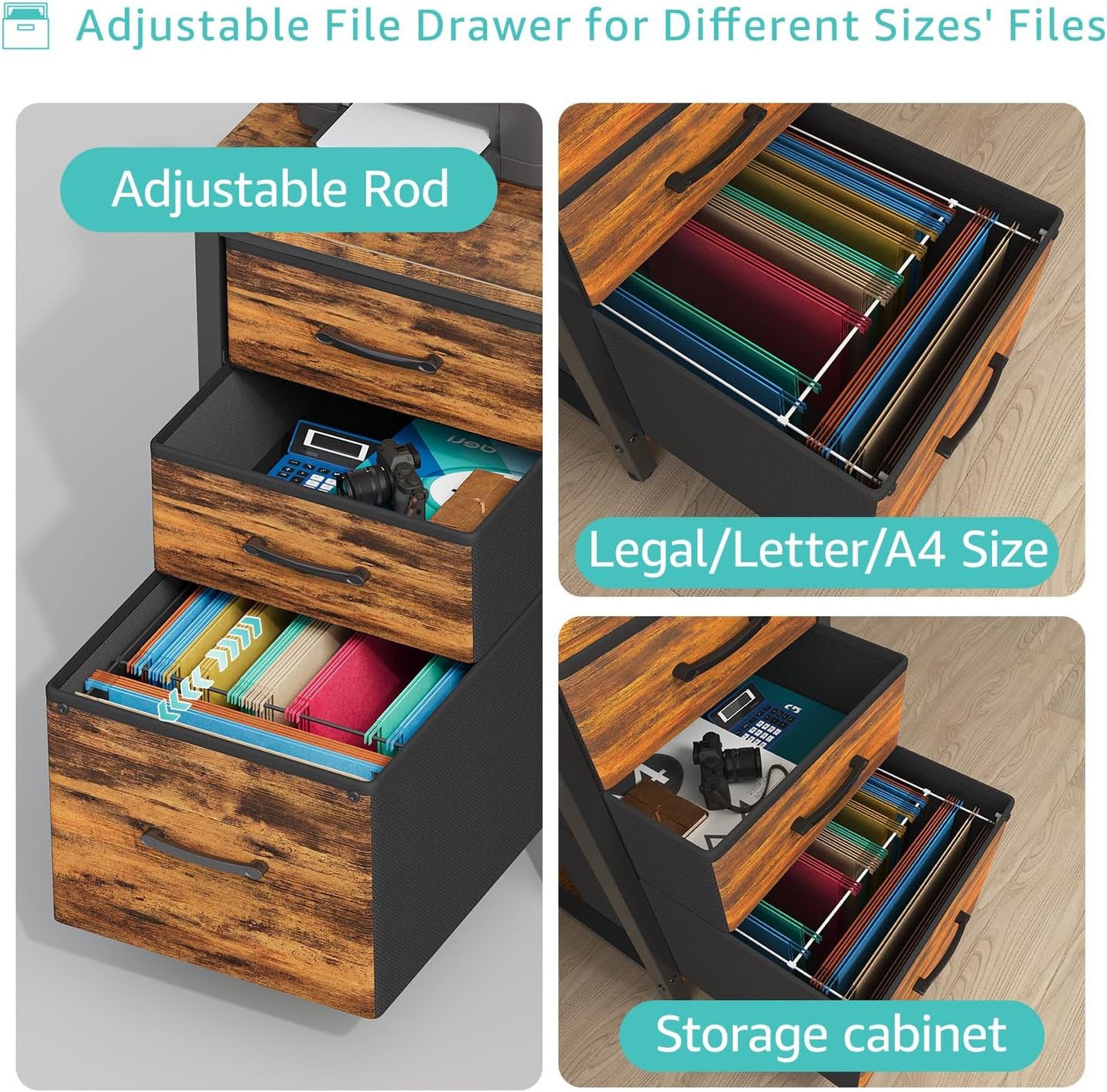 Lufeiya Computer Desk with Fabric File Drawers Cabinet, 47 Inch Reversible Home Office Desks with Filing Cabinet for Small Space, Study Writing Table PC Desks, Rustic Brown