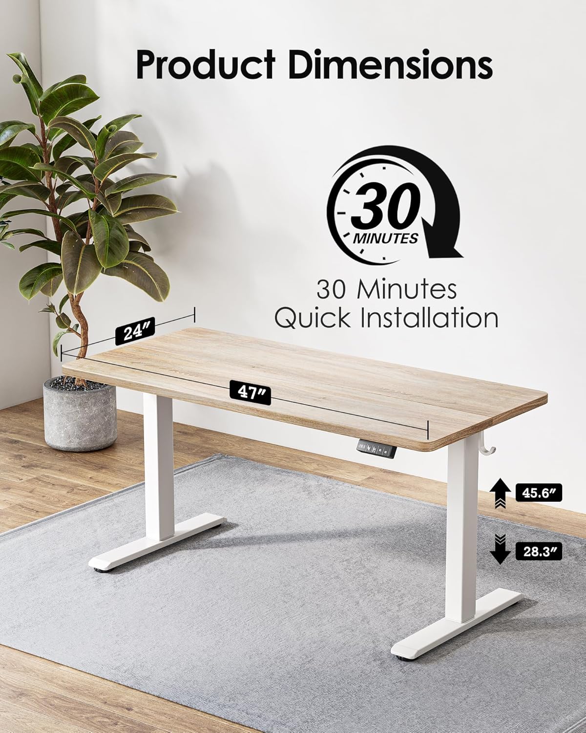 TIQLAB Height Adjustable Electric Standing Desk, 47 x 24 inch, Sit Stand Up Desk, Splice Board, Computer Home Office Desk, White Frame/Maple Top
