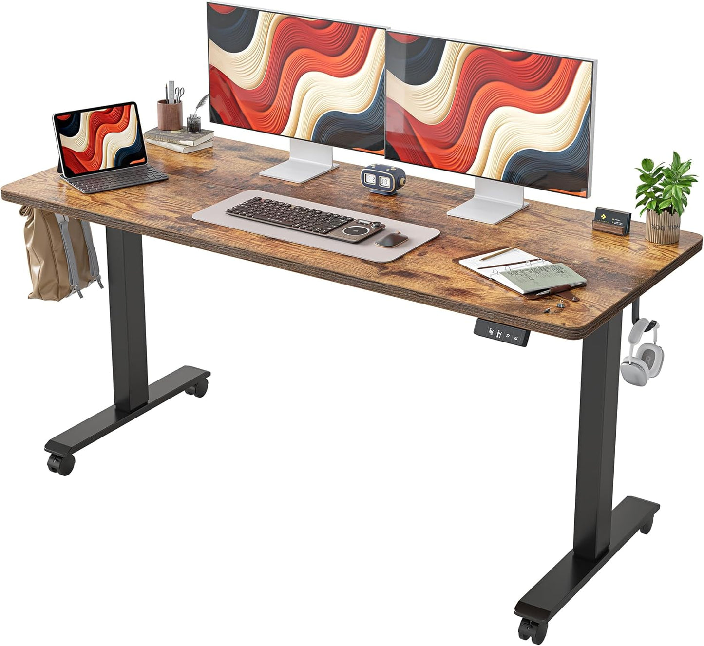 TIQLAB Height Adjustable Electric Standing Desk, 47 x 24 inch, Sit Stand Up Desk, Splice Board, Computer Home Office Desk, White Frame/Maple Top