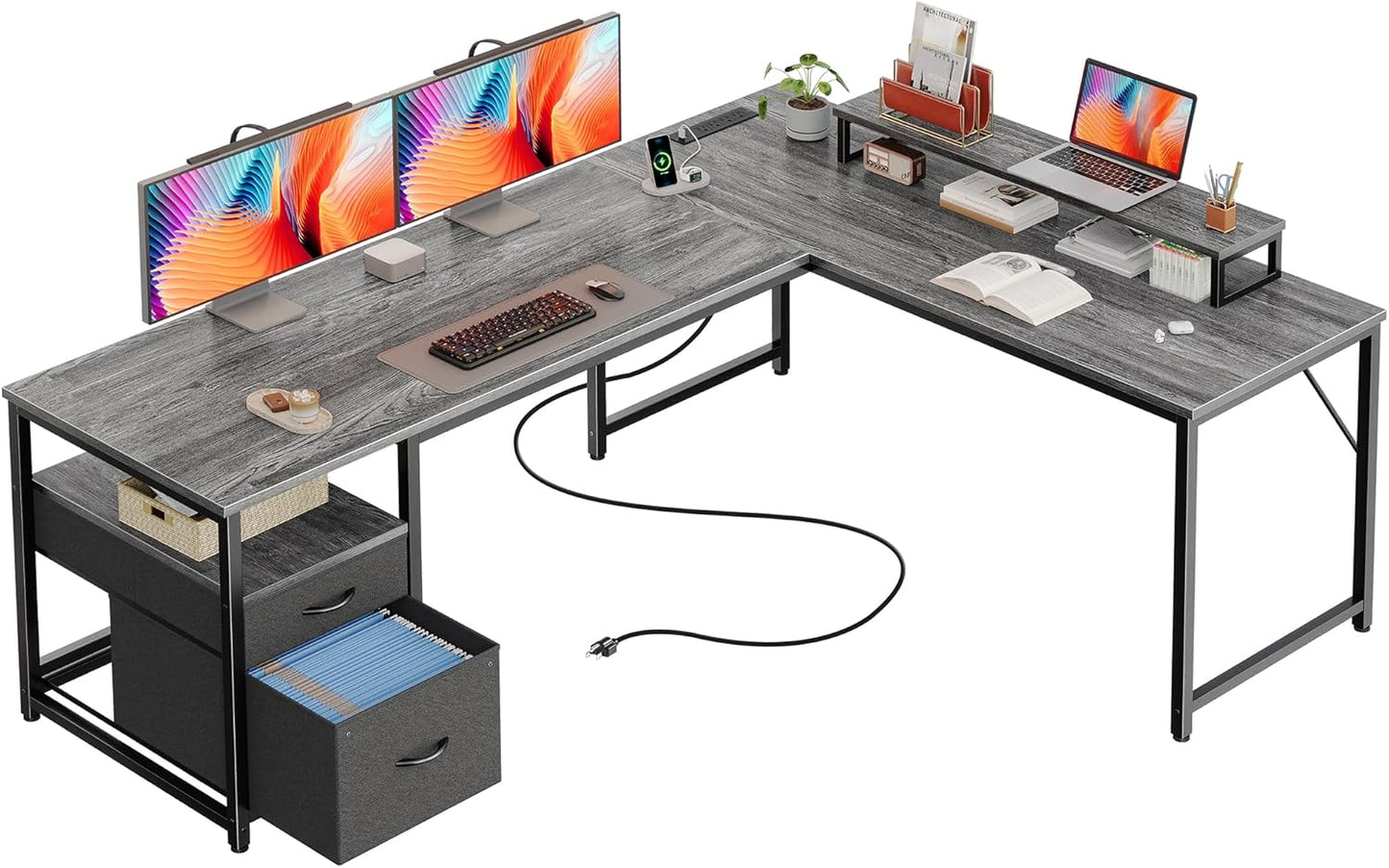 PRAISUN 63 Inch L Shaped Desk with Power Outlets and USB-C Port, Computer Corner Home Office Desk with File Fabric Drawers and Movable Monitor Stand, Larger Storage, Gaming, Writing, Rustic Brown