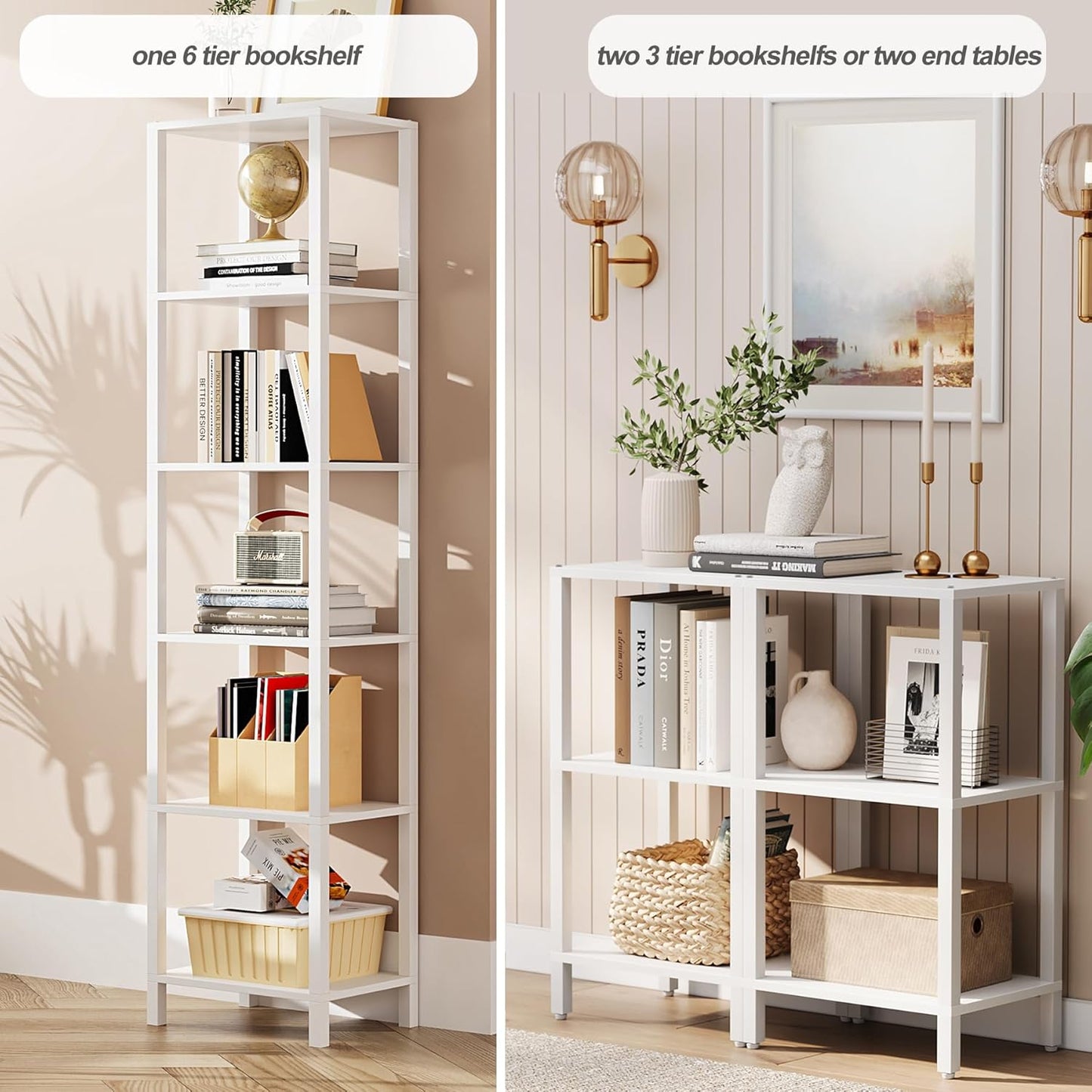 TUTOTAK Bookshelf, 6-Tier Tall Book Shelf, Narrow Bookcase for Small Space, DIY Stackable Bookshelf, for Living Room, Office, Study, Entryway, Industrial, White BS01BW006