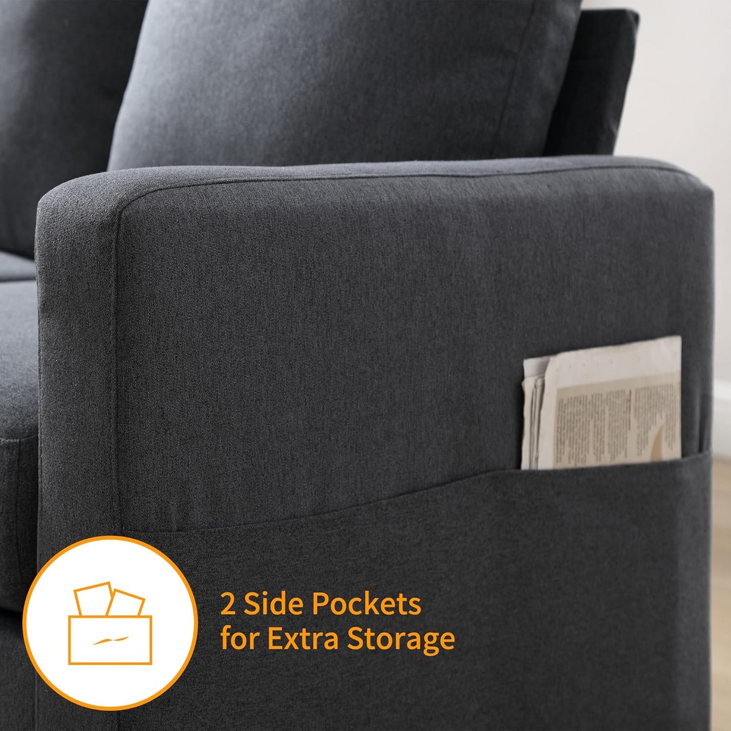 Convertible Sectional Couches for Living Room, L-Shaped Couch 3 Seats Sofas with Storage Chaise & TPC Charging Port, Small Sofa for Apartment, Compact Spaces, Linen, Dark Grey