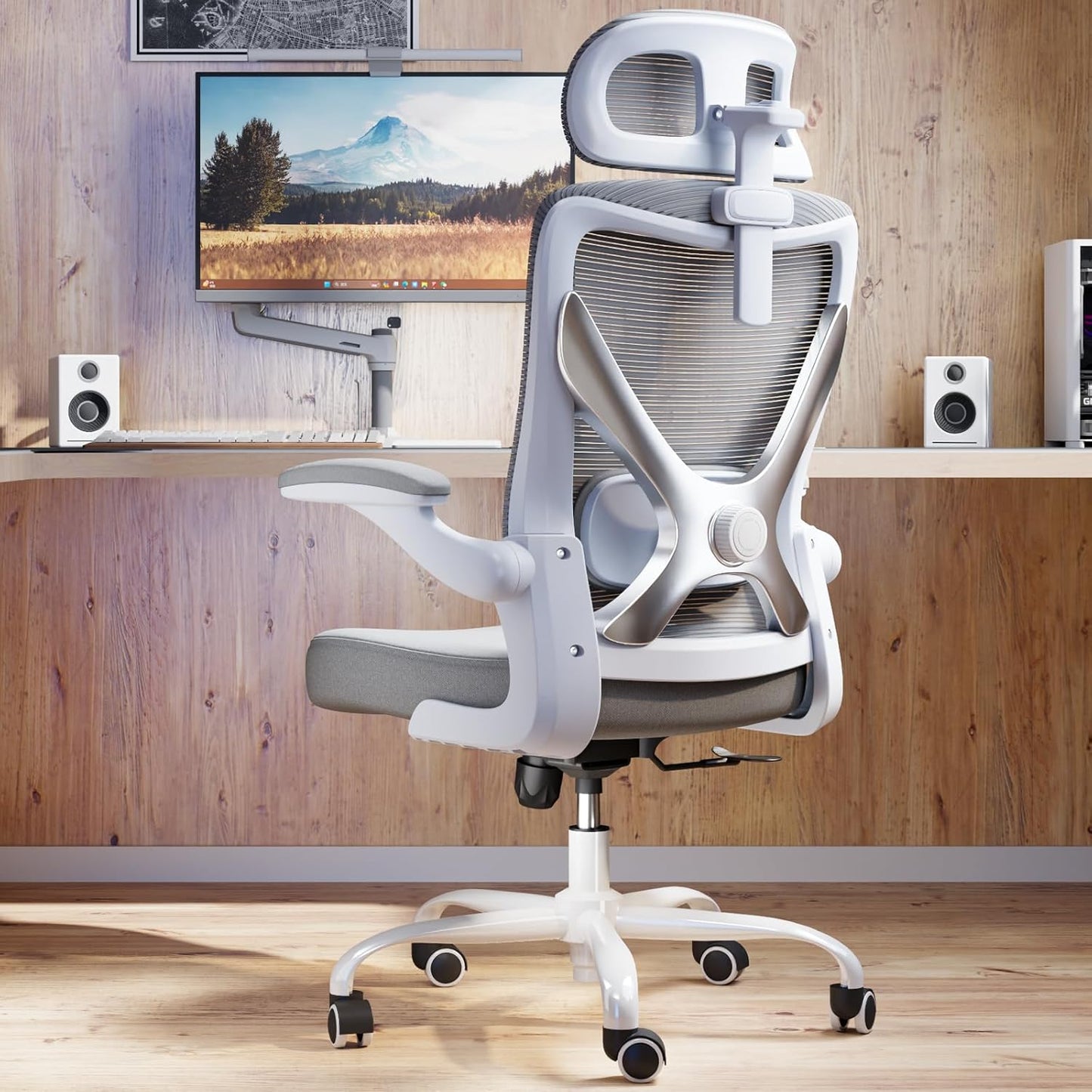 Ergonomic Office Chair - X-Shaped Computer Desk Chair Comfy, Gaming Chair, Office Chair with Lumbar Support, Mesh Office Chairs with Headrests, Desk Chair for Long Hours (White Beige)