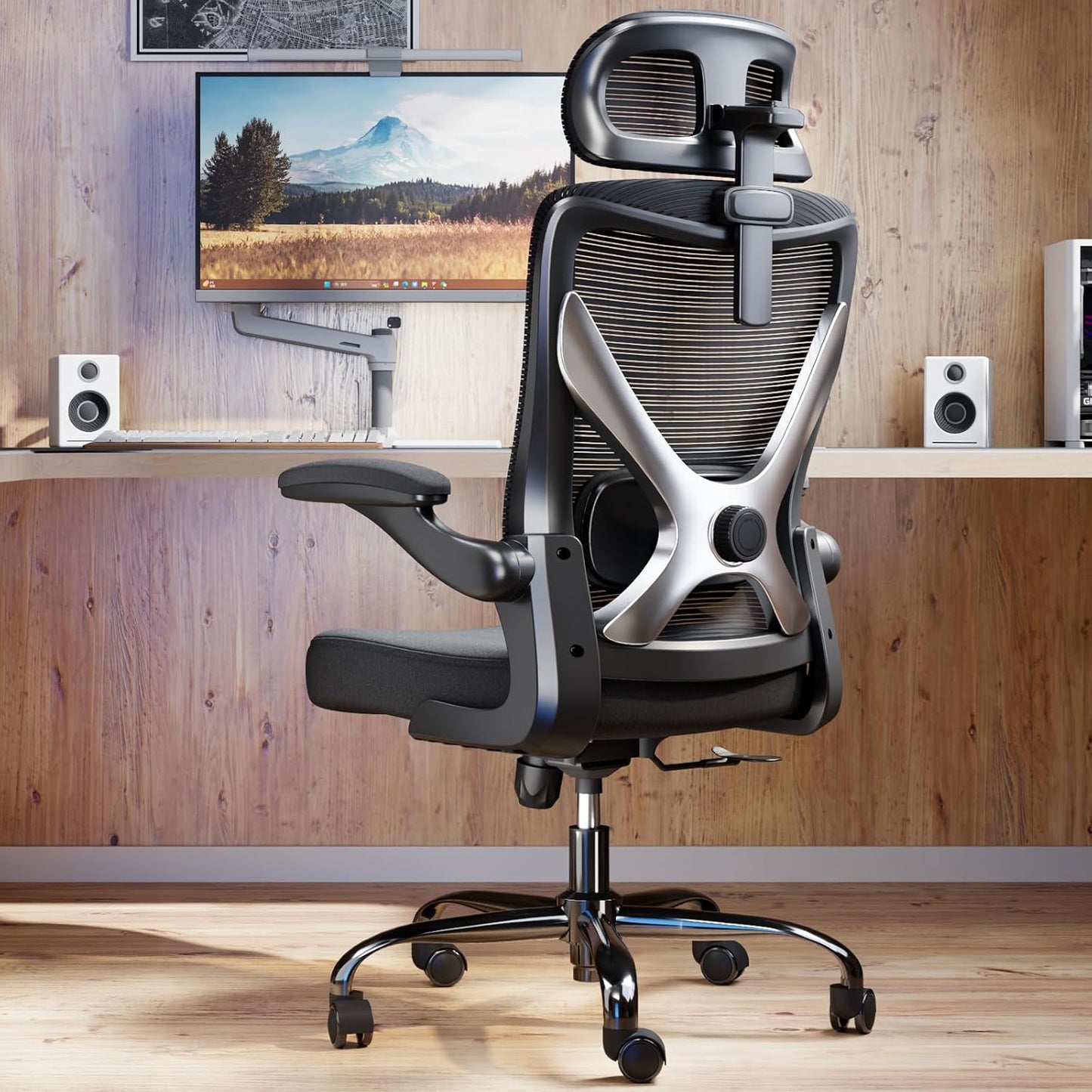 Ergonomic Office Chair - X-Shaped Computer Desk Chair Comfy, Gaming Chair, Office Chair with Lumbar Support, Mesh Office Chairs with Headrests, Desk Chair for Long Hours (White Beige)