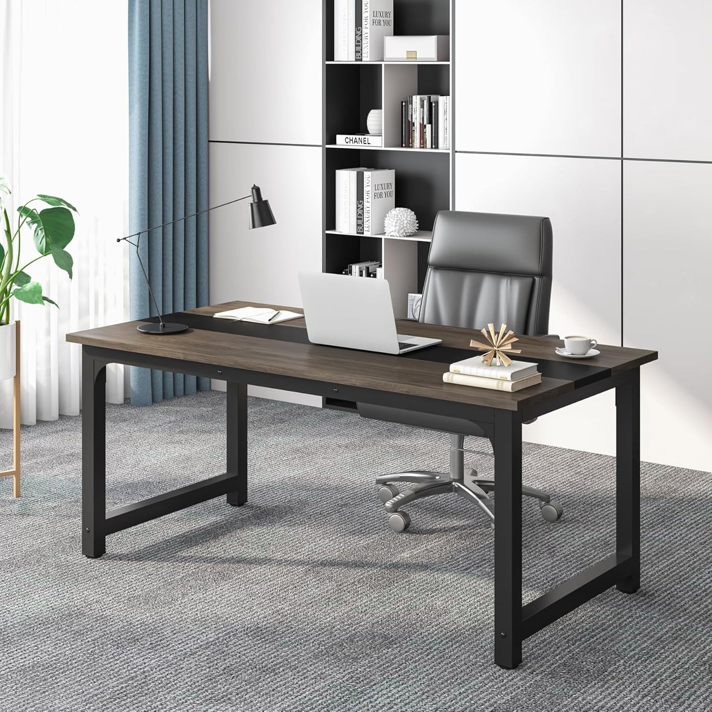 Tribesigns 63” Executive Desk, Large Office Computer Desk with Thicken Frame, Modern Simple Workstation Business Furniture for Home Office, Rustic Brown/Black, 63'' W x 23.6'' D