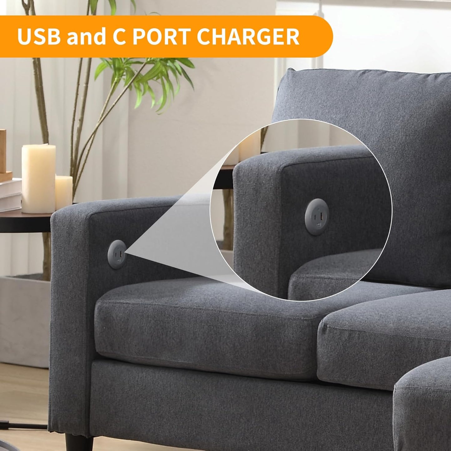 Convertible Sectional Couches for Living Room, L-Shaped Couch 3 Seats Sofas with Storage Chaise & TPC Charging Port, Small Sofa for Apartment, Compact Spaces, Linen, Dark Grey