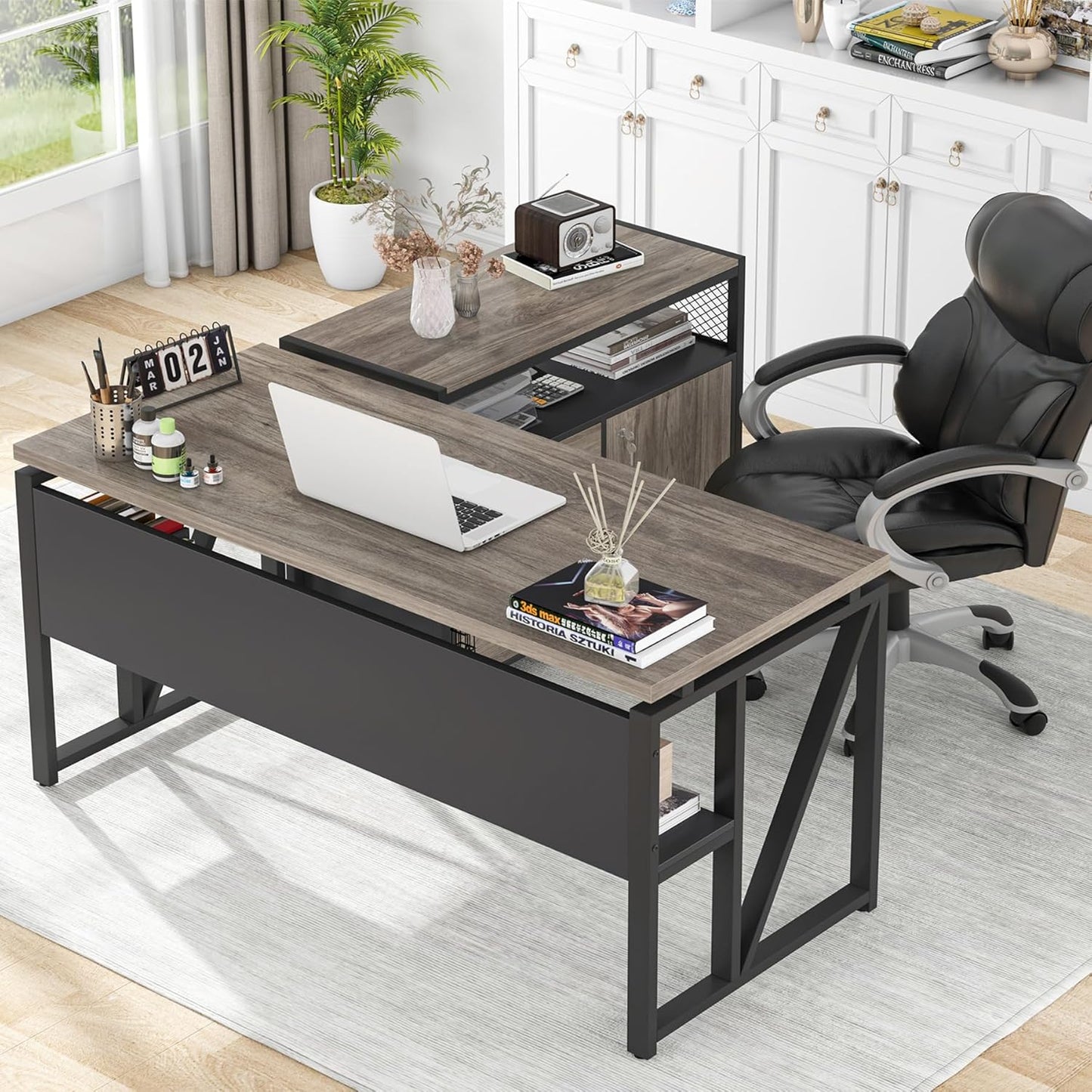 Tribesigns L Shaped Desk with Drawer Cabinet, 63" Executive Computer Desk and lateral File Cabinet, 2 Piece Home Office Furniture with Drawers for Hanging File, Doors with Locks (Gray, 63 inches)