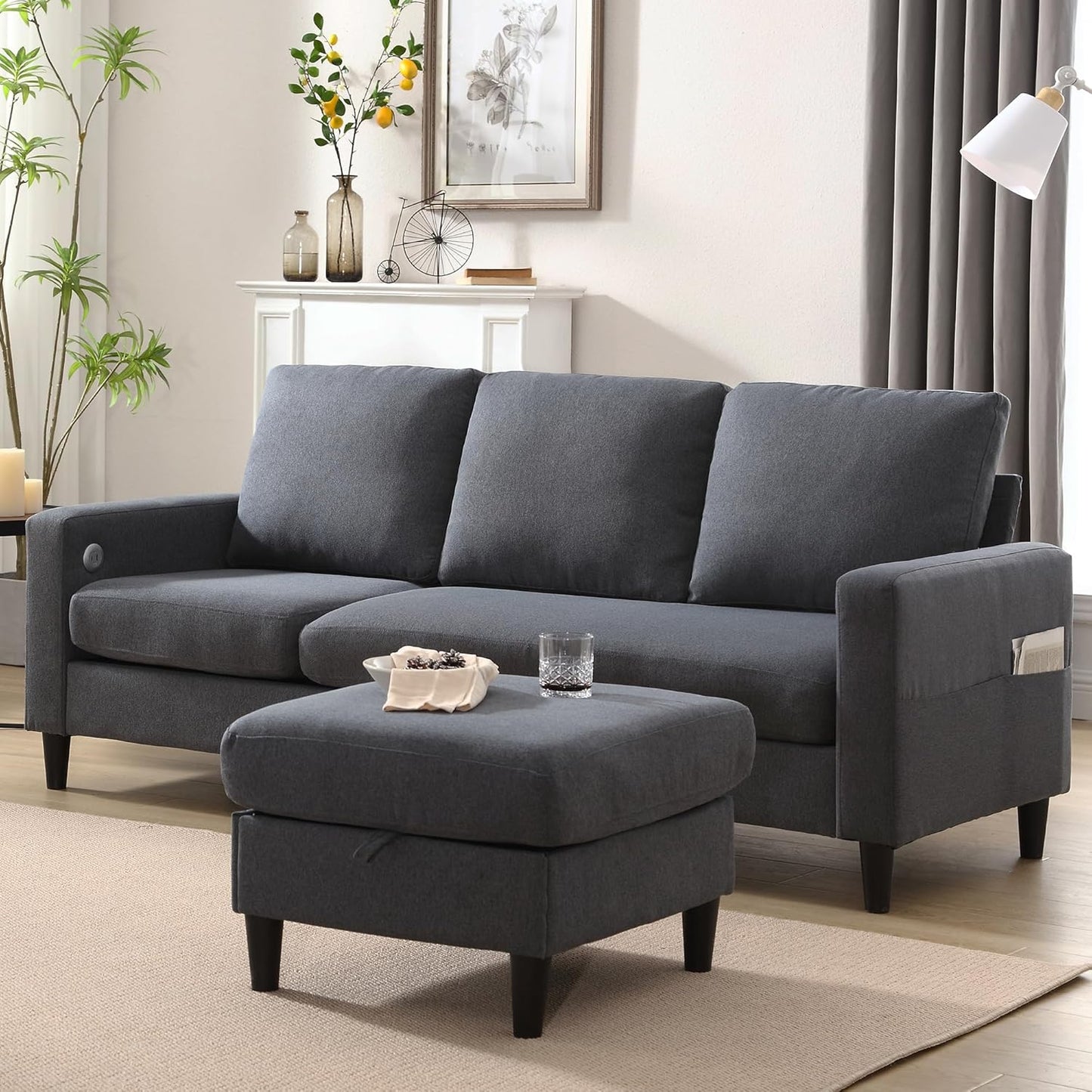 Convertible Sectional Couches for Living Room, L-Shaped Couch 3 Seats Sofas with Storage Chaise & TPC Charging Port, Small Sofa for Apartment, Compact Spaces, Linen, Dark Grey