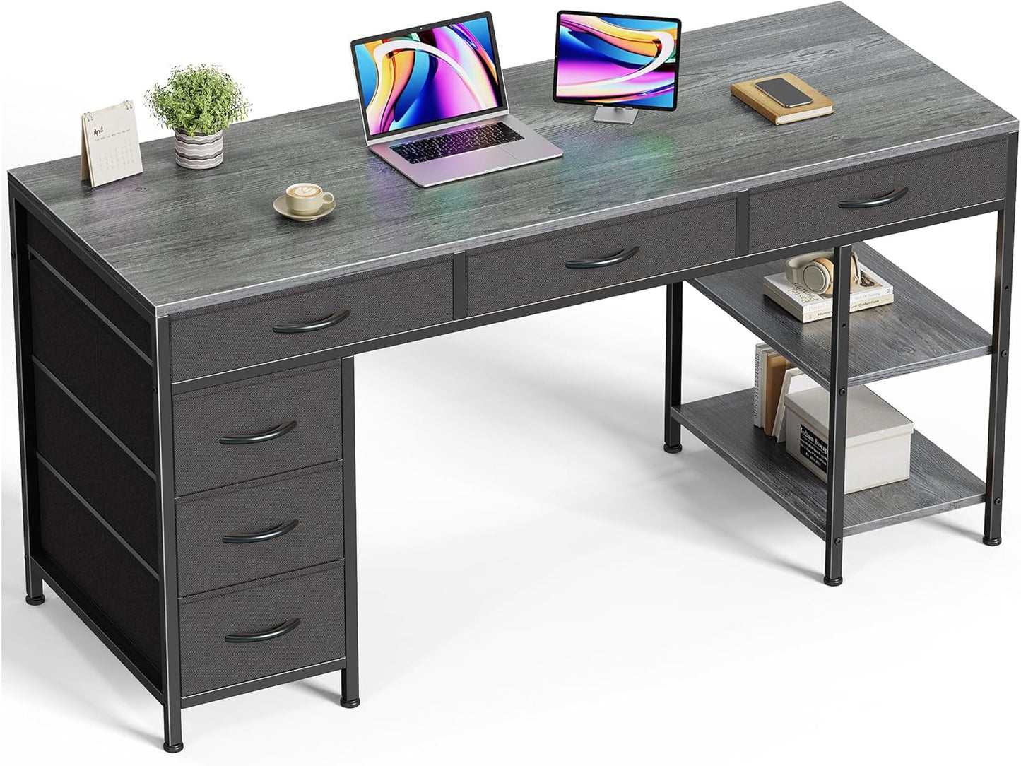 Huuger Computer Desk with 6 Drawers, 47 Inch Office Desk with Shelves, Reversible Gaming Desk, Corner Desk with Storage, Work for Home Office, Study, Living Room, Rustic Brown