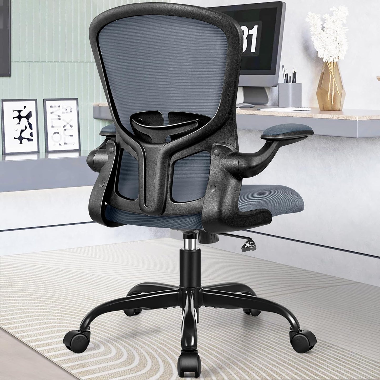 FelixKing Office Desk Chairs, Ergonomic PC Desk Chair with Wheels, Adjustable Lumbar Support and Height, Swivel Computer Chair with Flip-up Armrests, Ergo Mesh Backrest for Working (Black)