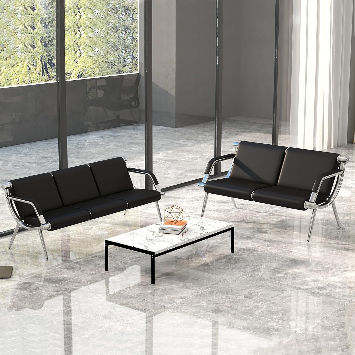 Kinpaw Waiting Room Chairs Reception Bench - Leather Office Chair with Padded Arms & Backrest, Heavy Duty, Black Comfy Conference Room Chairs for Meeting Conference, Office