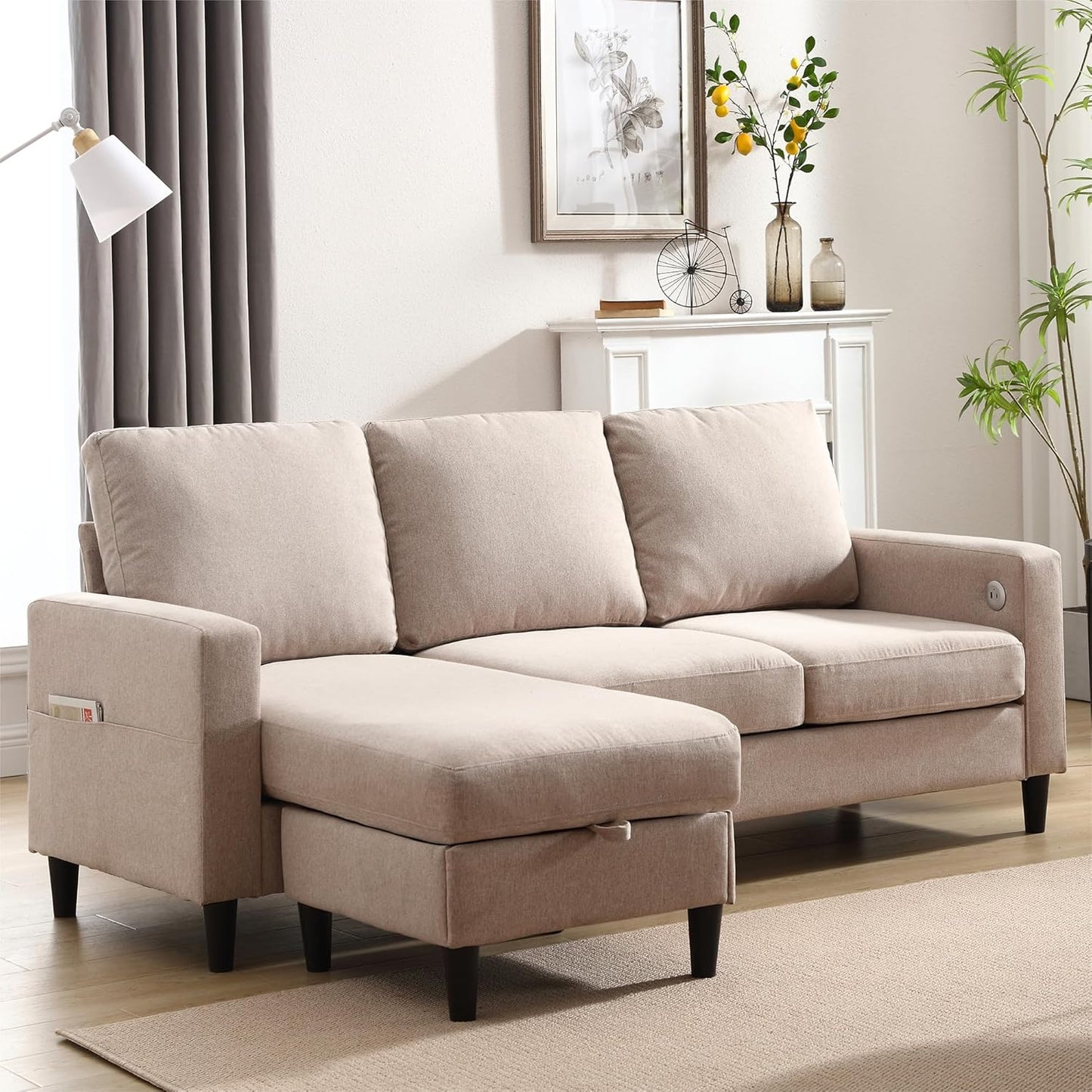 Convertible Sectional Couches for Living Room, L-Shaped Couch 3 Seats Sofas with Storage Chaise & TPC Charging Port, Small Sofa for Apartment, Compact Spaces, Linen, Dark Grey