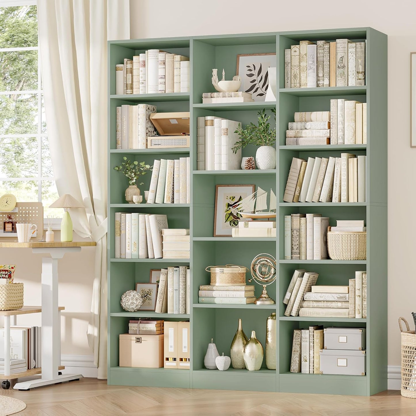 Triple Wide Bookshelf, 6 Tier Large Bookshelf, Bookcase with 17 Open Display Shelves, 74'' Tall Bookcases and Bookshelves for Living Room, Home Office, Library, Green