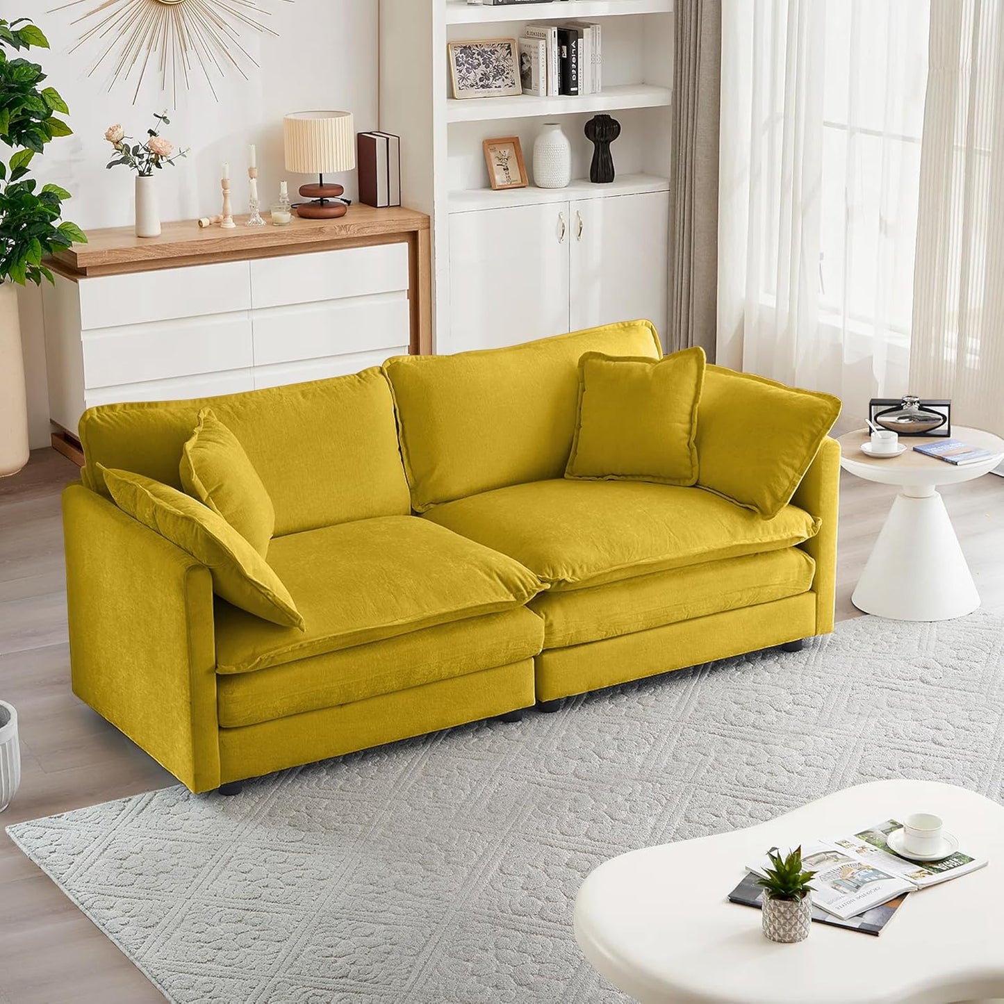 mikibama Luxury Loveseat Sofa Couch, 76" Modern Chenille Deep 2-Seater Cloud Couch with 2 Armrest Pillows and 2 Toss Pillows, Love Seat for Living Room Bedroom Office Apartment, Beige