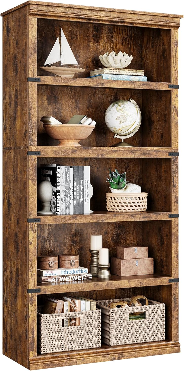 IDEALHOUSE 5 Tier Bookcase, Farmhouse Book Shelf with Storage, 71" Tall Book Case Wooden 5 Shelf Bookcase for Home Office, Living Room, Bed Room (Vintage, 67.4" H x 31.5" W x 12.8" D)