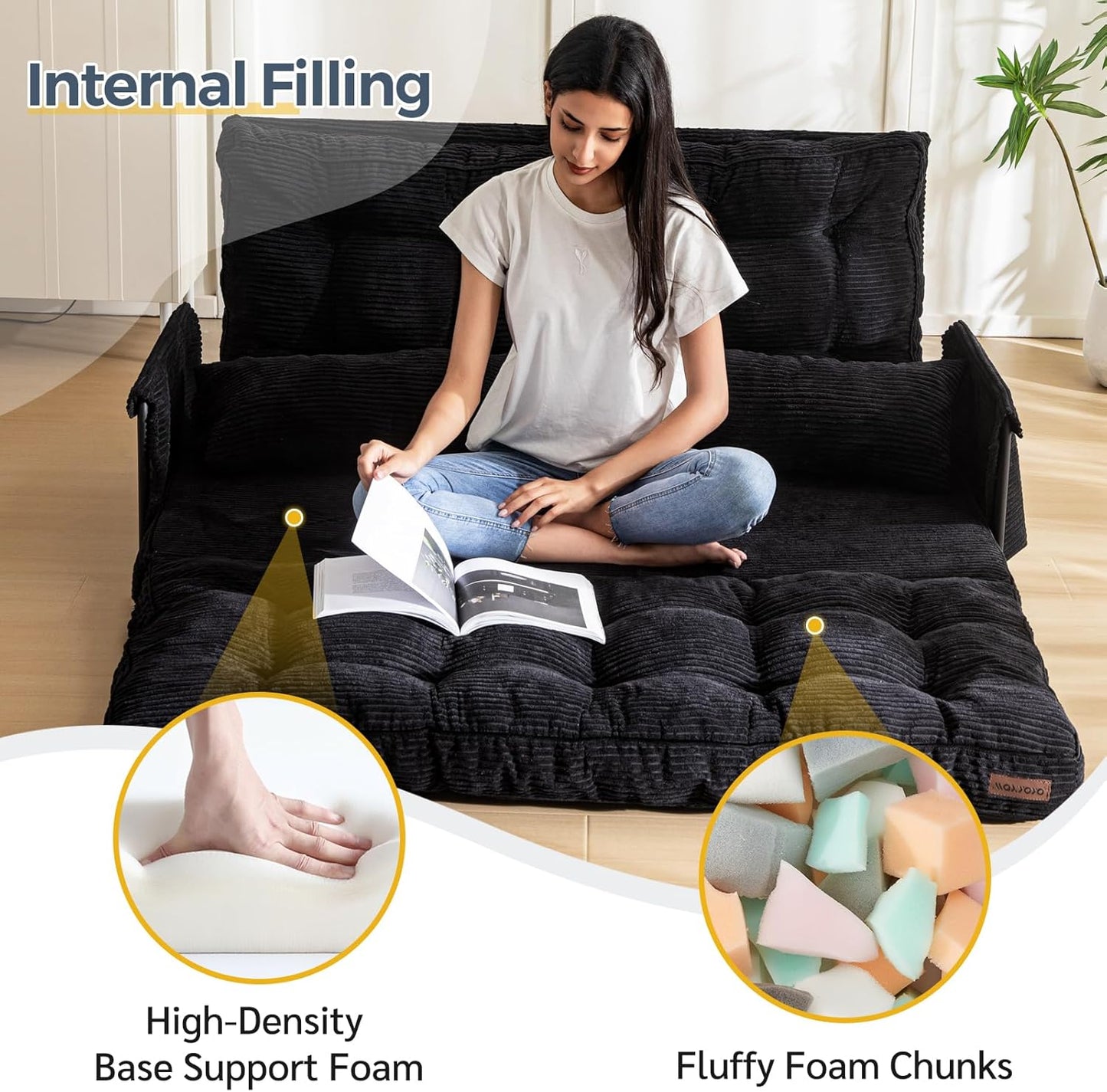 MAXYOYO Adjustable Floor Sofa Couch with 2 Pillows, Multi-Functional Bean Bag Bed, 5-Position Foldable Lazy Sofa Sleeper Bed with Armrest, Versatile Floor Seating for Reading, Black, Double