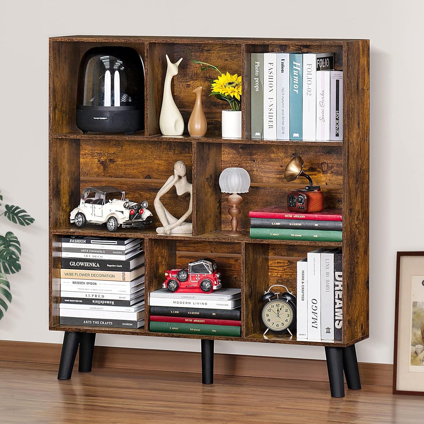 LEYAOYAO Cube Bookshelf 3 Tier Mid-Century Rustic Brown Modern Bookcase with Legs,Retro Wood Bookshelves Storage Organizer Shelf,Freestanding Open Book Shelves for Bedroom,Living Room,Office