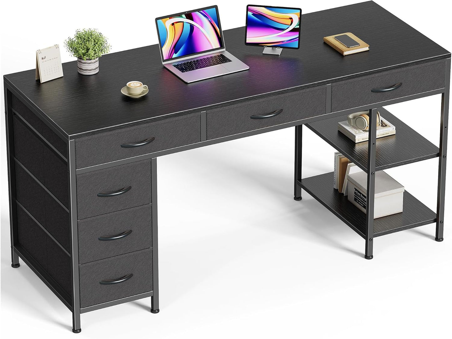 Huuger Computer Desk with 6 Drawers, 47 Inch Office Desk with Shelves, Reversible Gaming Desk, Corner Desk with Storage, Work for Home Office, Study, Living Room, Rustic Brown