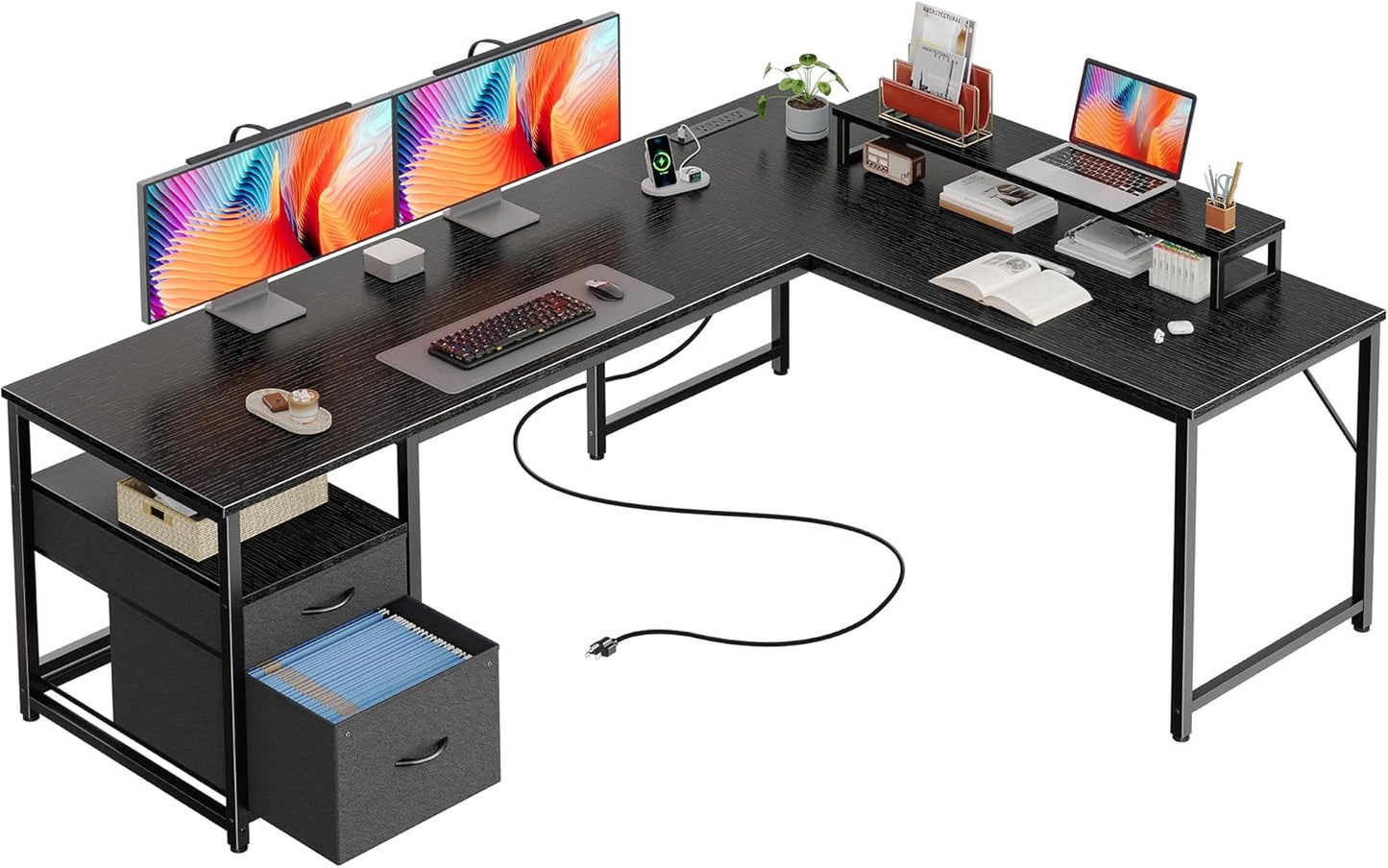 PRAISUN 63 Inch L Shaped Desk with Power Outlets and USB-C Port, Computer Corner Home Office Desk with File Fabric Drawers and Movable Monitor Stand, Larger Storage, Gaming, Writing, Rustic Brown