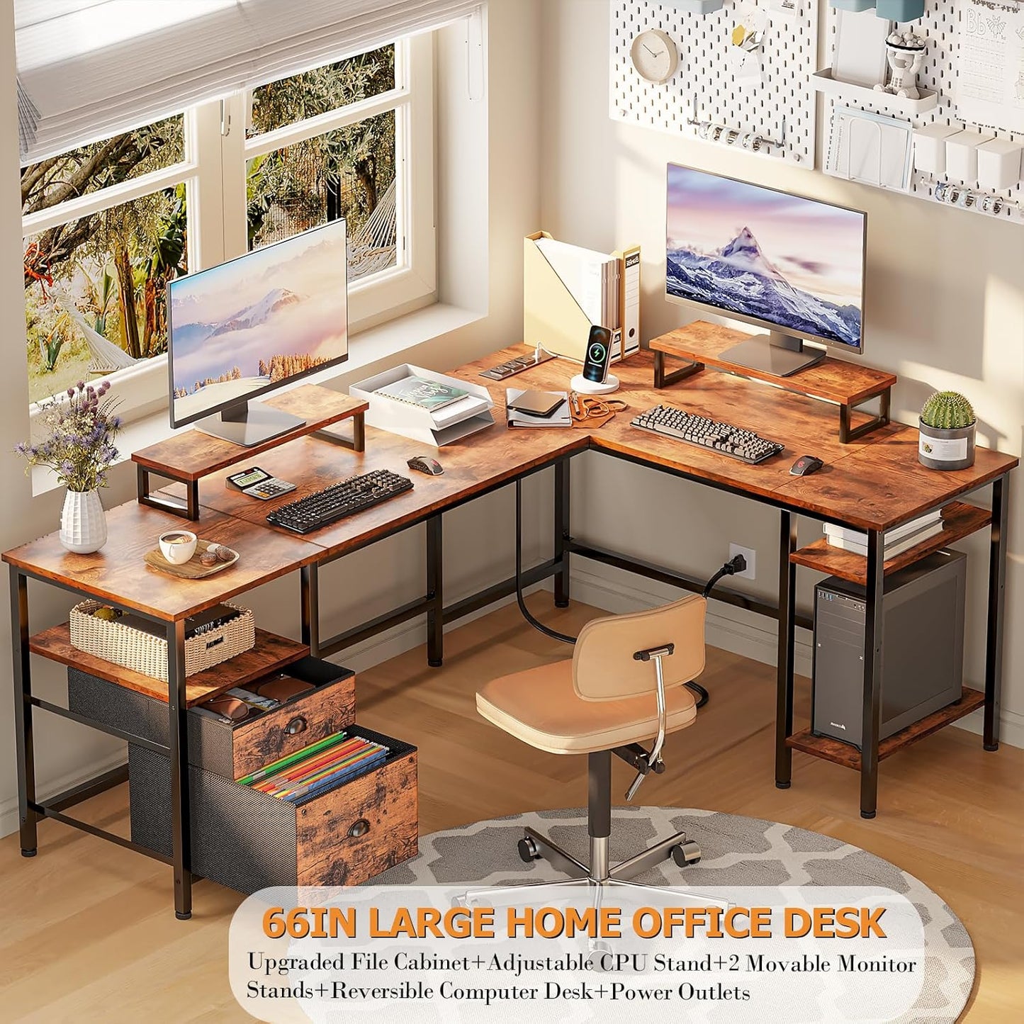 Furologee 66” L Shaped Desk with Power Outlet, Reversible Computer Gaming Desk with File Drawer & 2 Monitor Stands for Home Office with Storage Shelves, Rustic Brown