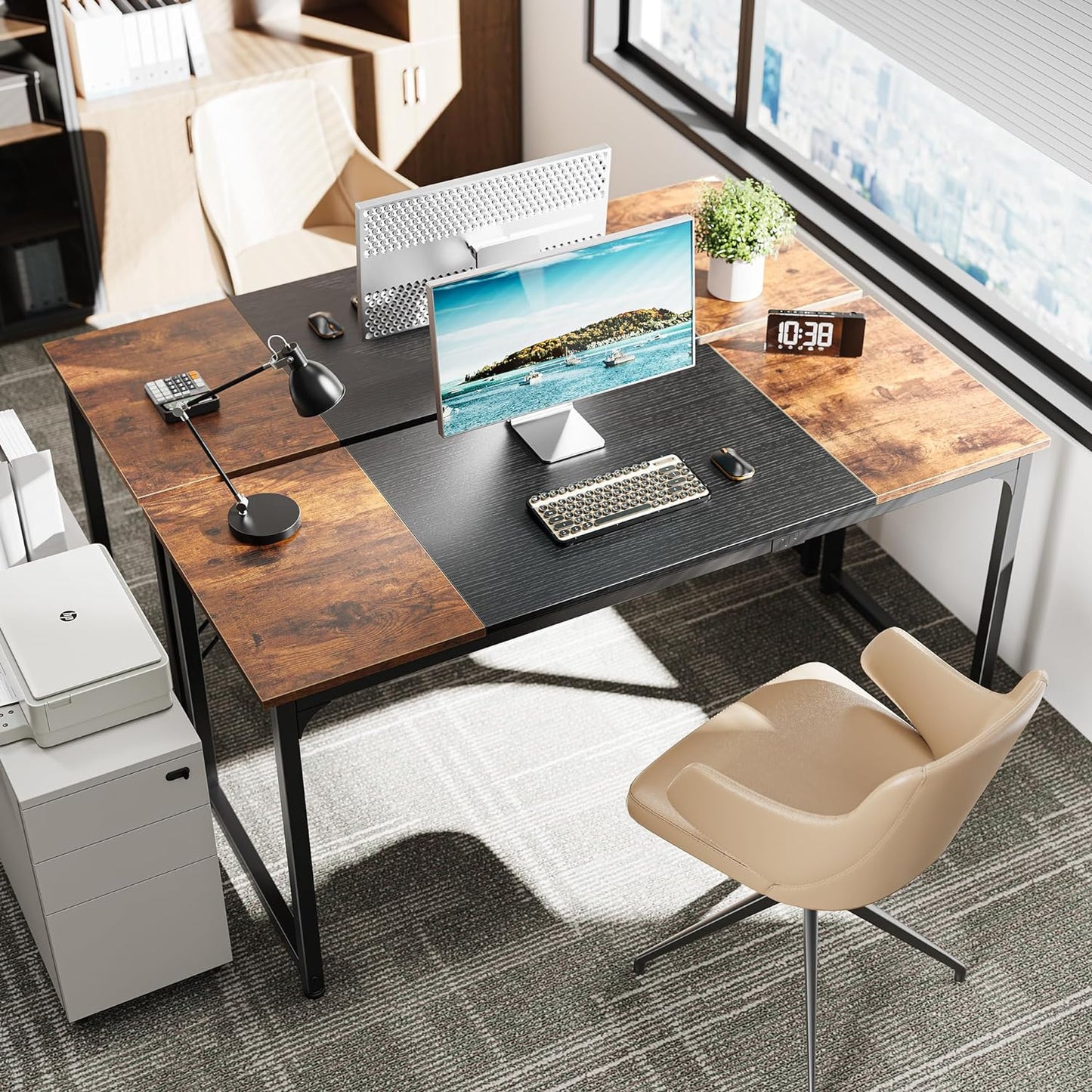 Huuger Computer Desk, 63 Inch Office Desk, Gaming Desk Writing Desk, Work Desk for Home Office, Study, Modern Simple Desk, Large Legroom, Metal Frame, Rustic Brown and Black