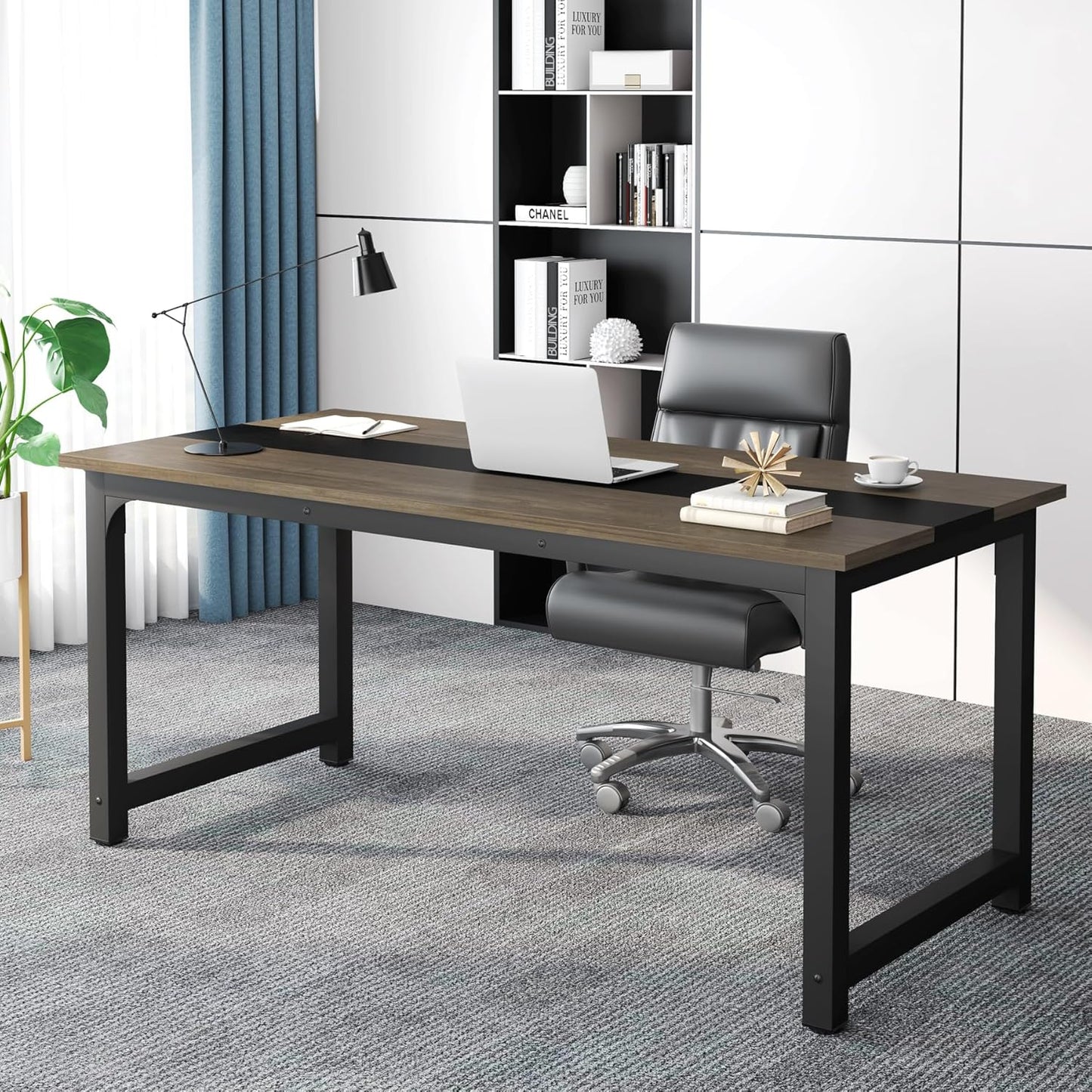 Tribesigns 63” Executive Desk, Large Office Computer Desk with Thicken Frame, Modern Simple Workstation Business Furniture for Home Office, Rustic Brown/Black, 63'' W x 23.6'' D