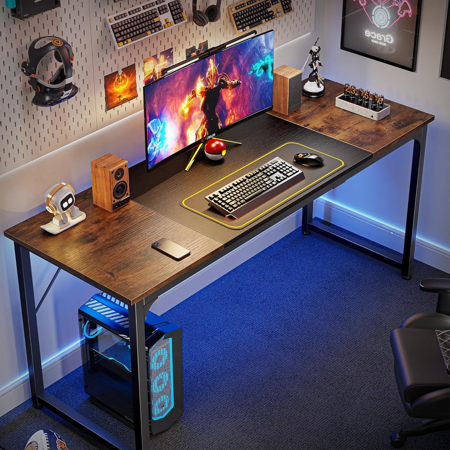 Huuger Computer Desk, 63 Inch Office Desk, Gaming Desk Writing Desk, Work Desk for Home Office, Study, Modern Simple Desk, Large Legroom, Metal Frame, Rustic Brown and Black