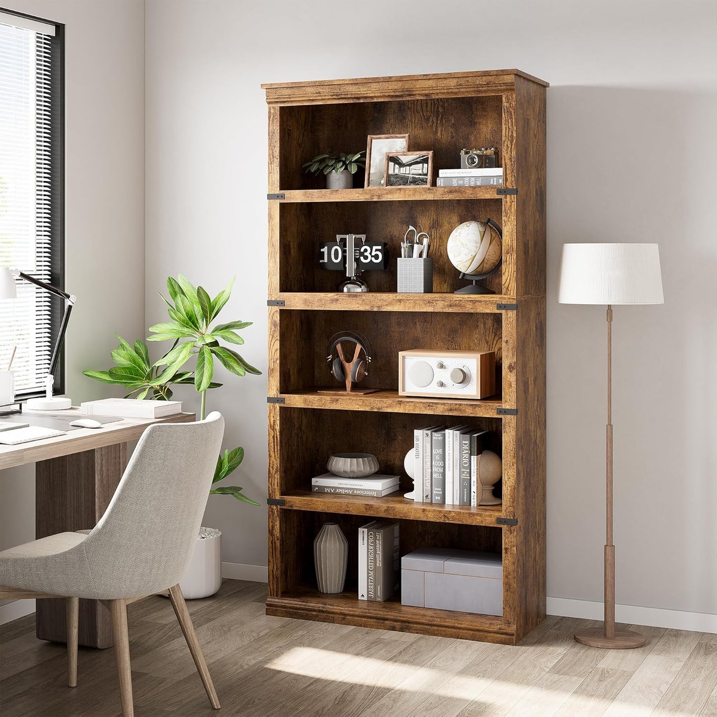 IDEALHOUSE 5 Tier Bookcase, Farmhouse Book Shelf with Storage, 71" Tall Book Case Wooden 5 Shelf Bookcase for Home Office, Living Room, Bed Room (Vintage, 67.4" H x 31.5" W x 12.8" D)