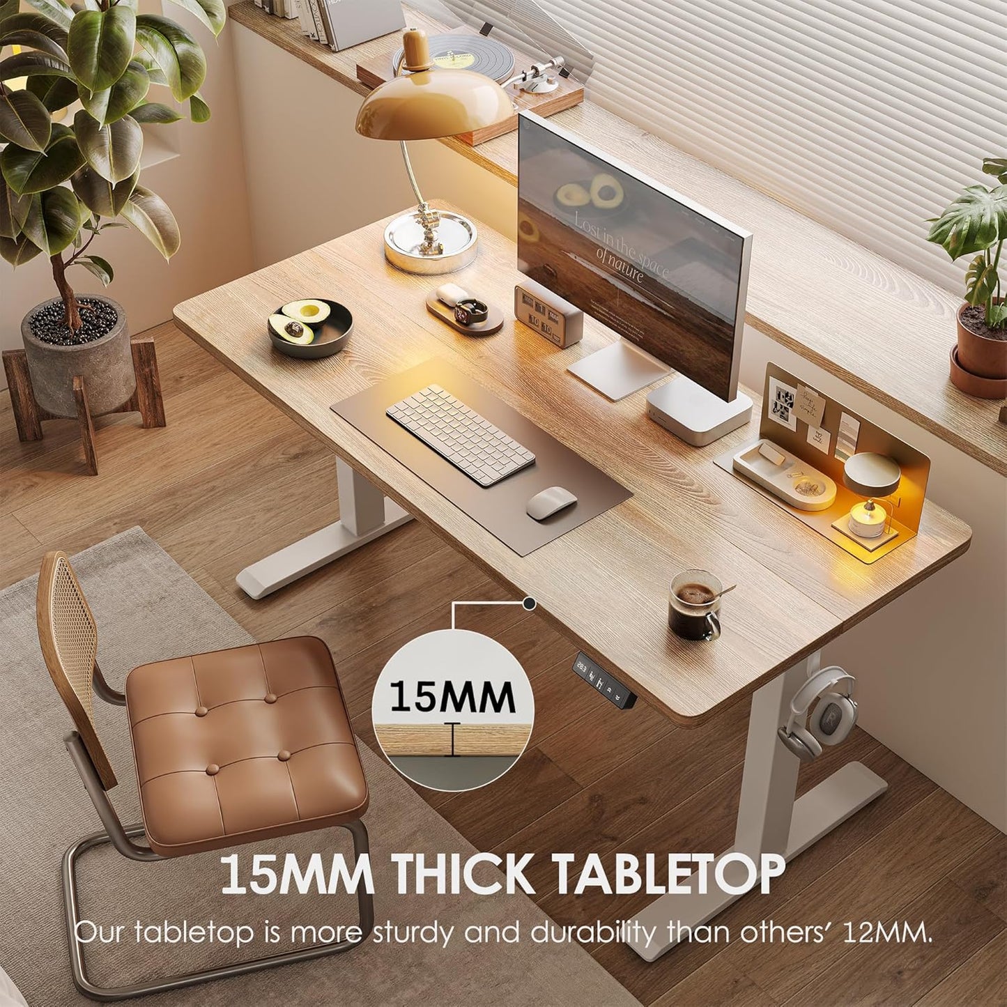 TIQLAB Height Adjustable Electric Standing Desk, 47 x 24 inch, Sit Stand Up Desk, Splice Board, Computer Home Office Desk, White Frame/Maple Top